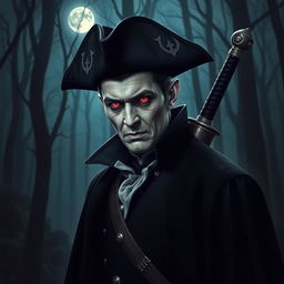 A vampire wearing a tricorn hat, with a longsword on his back and glowing red eyes