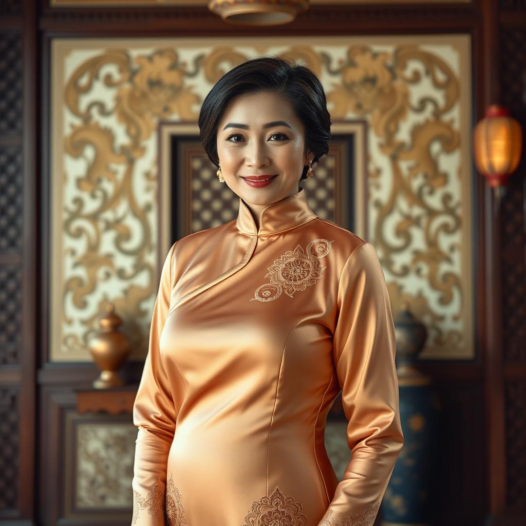 An Asian mature lady wearing a super tight silky satin baju kurung