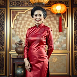 An Asian mature lady wearing a super tight silky satin baju kurung