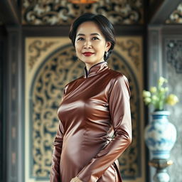 An Asian mature lady wearing a super tight silky satin baju kurung