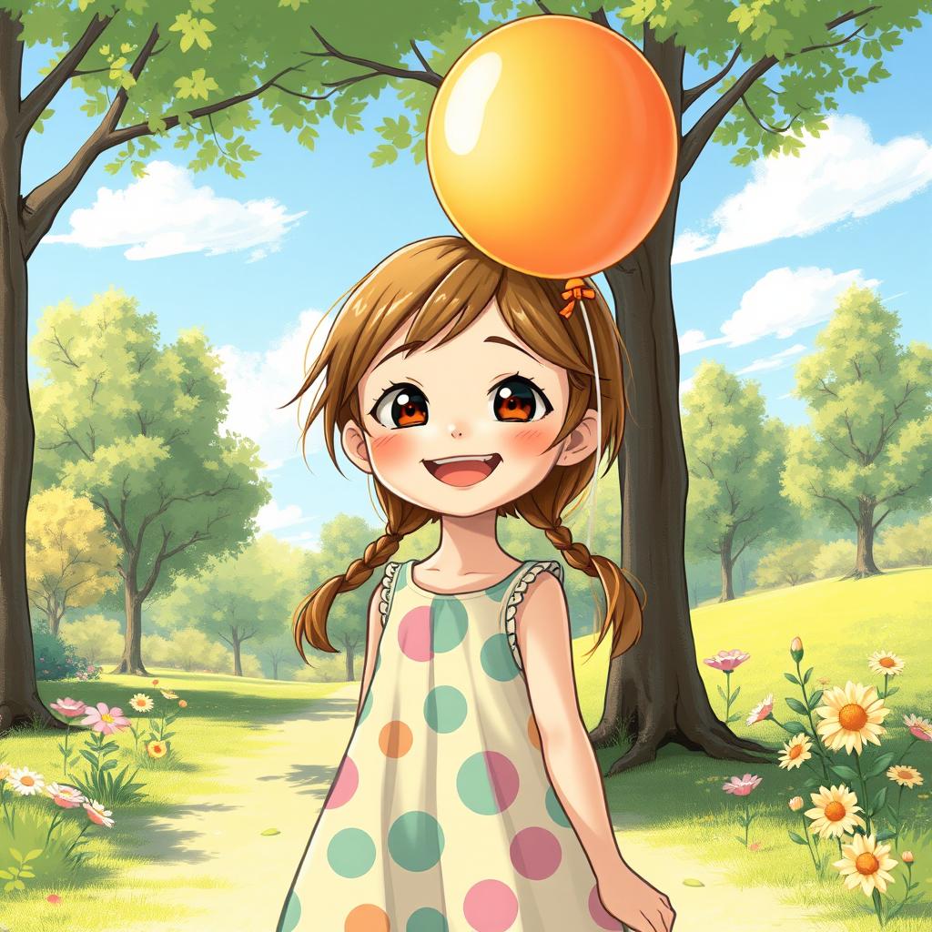 A detailed illustration of a young girl with a joyful expression, standing in a sunny park with trees and flowers around