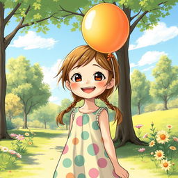 A detailed illustration of a young girl with a joyful expression, standing in a sunny park with trees and flowers around