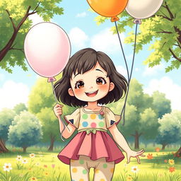 A detailed illustration of a young girl with a joyful expression, standing in a sunny park with trees and flowers around