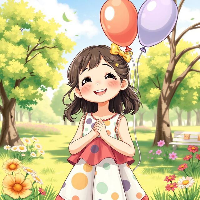 A detailed illustration of a young girl with a joyful expression, standing in a sunny park with trees and flowers around