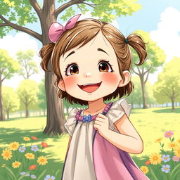 A detailed illustration of a young girl with a joyful expression, standing in a sunny park with trees and flowers around