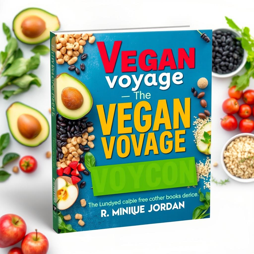 A colorful and vibrant cover for a vegan cookbook titled 'The Vegan Voyage' by Dr