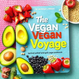 A colorful and vibrant cover for a vegan cookbook titled 'The Vegan Voyage' by Dr