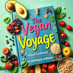 A colorful and vibrant cover for a vegan cookbook titled 'The Vegan Voyage' by Dr