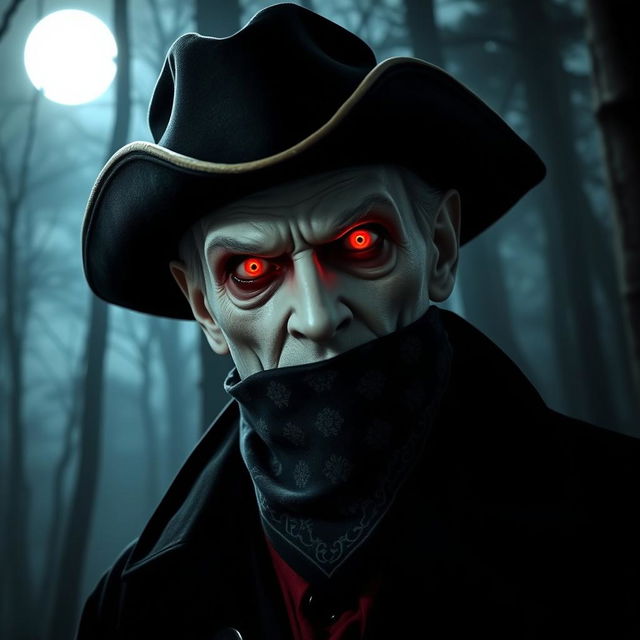 A vampire wearing a tricorn hat, a bandana over his mouth, and glowing red eyes