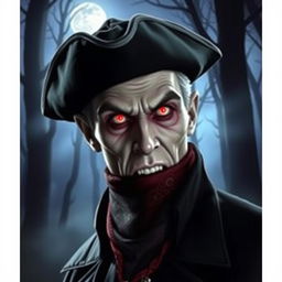 A vampire wearing a tricorn hat, a bandana over his mouth, and glowing red eyes