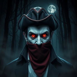 A vampire wearing a tricorn hat, a bandana over his mouth, and glowing red eyes