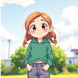 A charming illustration of a 13-year-old girl with a cute and innocent expression