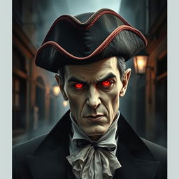 A Victorian vampire wearing a tricorn hat and glowing red eyes