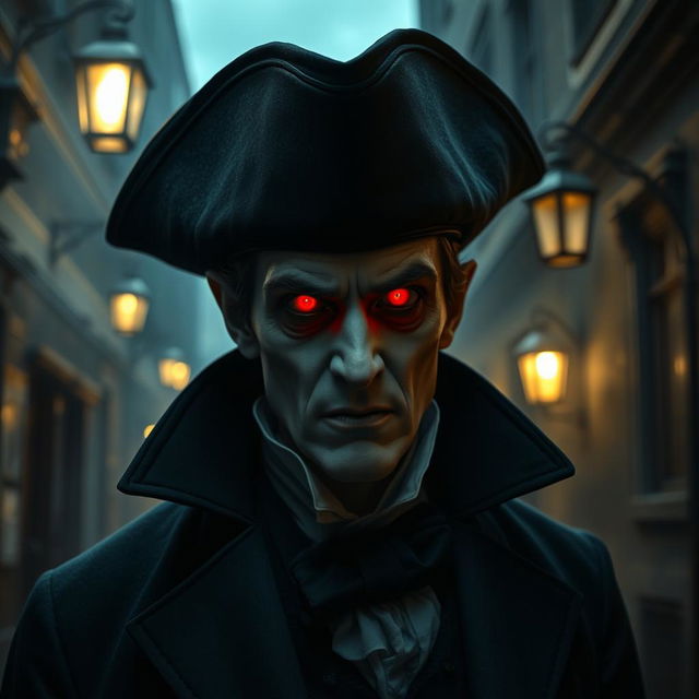 A Victorian vampire wearing a tricorn hat and glowing red eyes