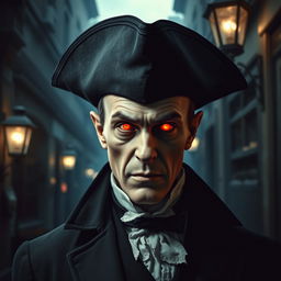 A Victorian vampire wearing a tricorn hat and glowing red eyes