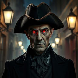 A Victorian vampire wearing a tricorn hat and glowing red eyes