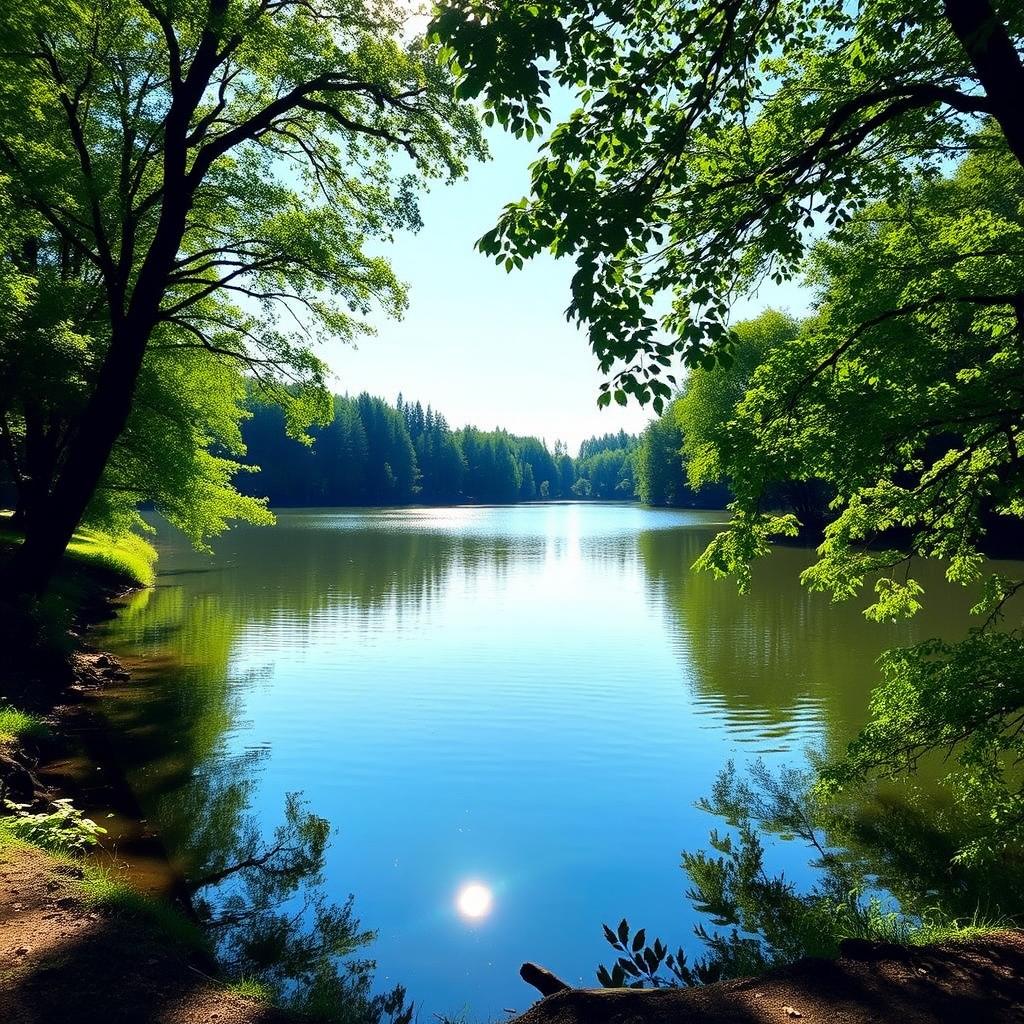 A serene landscape featuring a calm lake surrounded by lush green trees, with a clear blue sky and gentle sunlight reflecting off the water