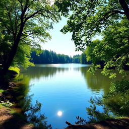 A serene landscape featuring a calm lake surrounded by lush green trees, with a clear blue sky and gentle sunlight reflecting off the water