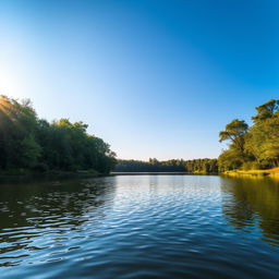 A serene landscape featuring a calm lake surrounded by lush green trees, with a clear blue sky and gentle sunlight reflecting off the water