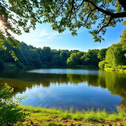 A serene landscape featuring a calm lake surrounded by lush green trees, with a clear blue sky and gentle sunlight reflecting off the water