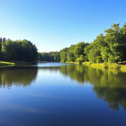 A serene landscape featuring a calm lake surrounded by lush green trees, with a clear blue sky and gentle sunlight reflecting off the water