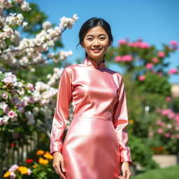 A cute 20-year-old Asian woman wearing a super tight silk satin baju Kurung, standing gracefully