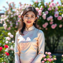 A cute 20-year-old Asian woman wearing a super tight silk satin baju Kurung, standing gracefully