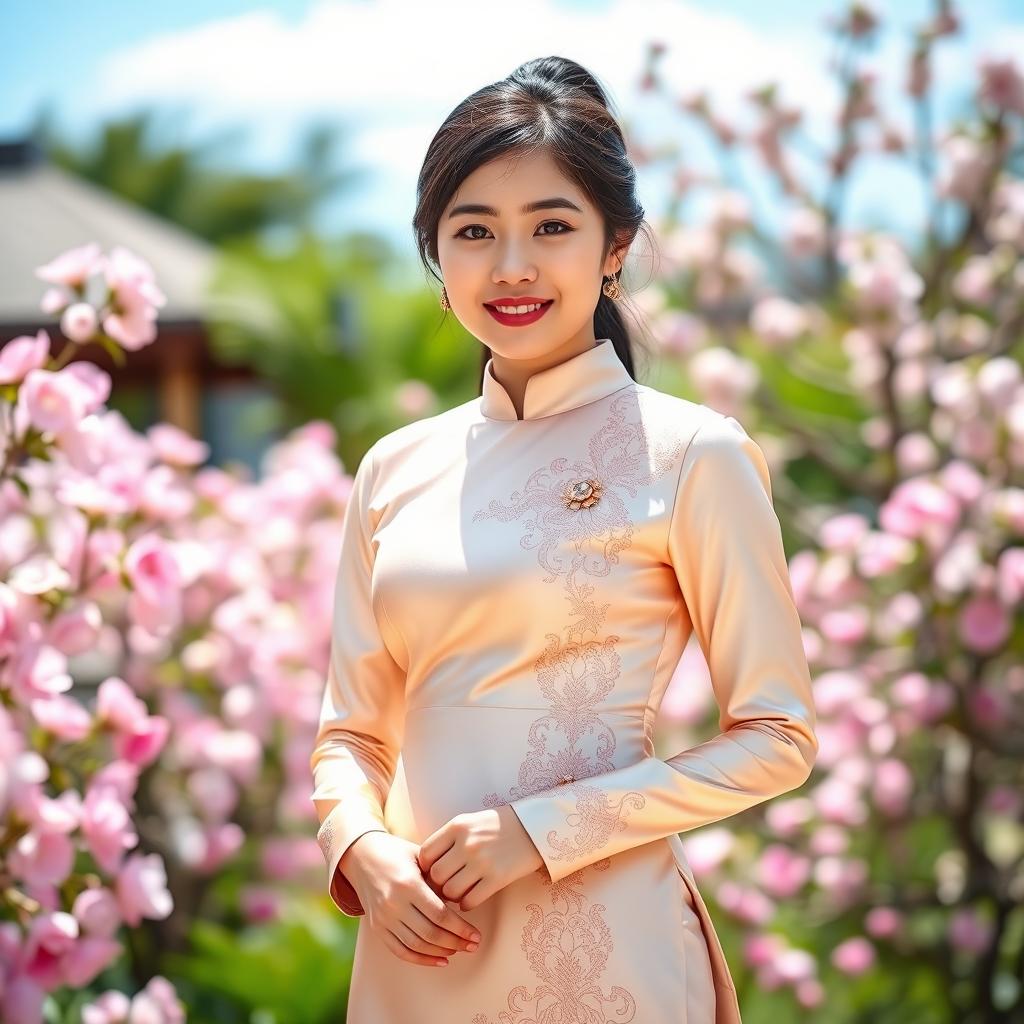 A cute 20-year-old Asian woman wearing a super tight silk satin baju Kurung, standing gracefully