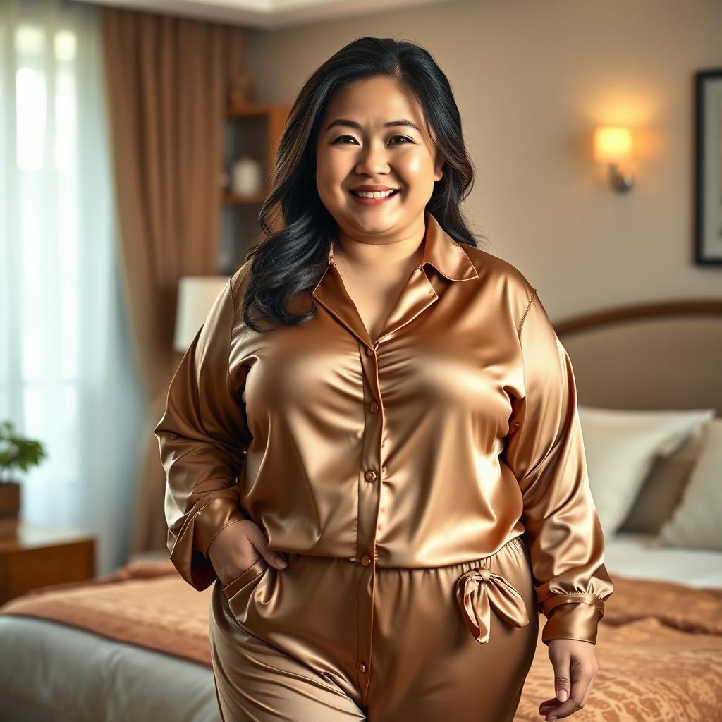 A chubby Asian mom wearing extremely tight, super silky satin pajamas, standing in a cozy bedroom