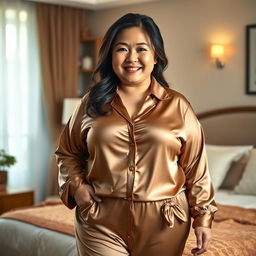 A chubby Asian mom wearing extremely tight, super silky satin pajamas, standing in a cozy bedroom