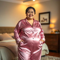 A chubby Asian mom wearing extremely tight, super silky satin pajamas, standing in a cozy bedroom