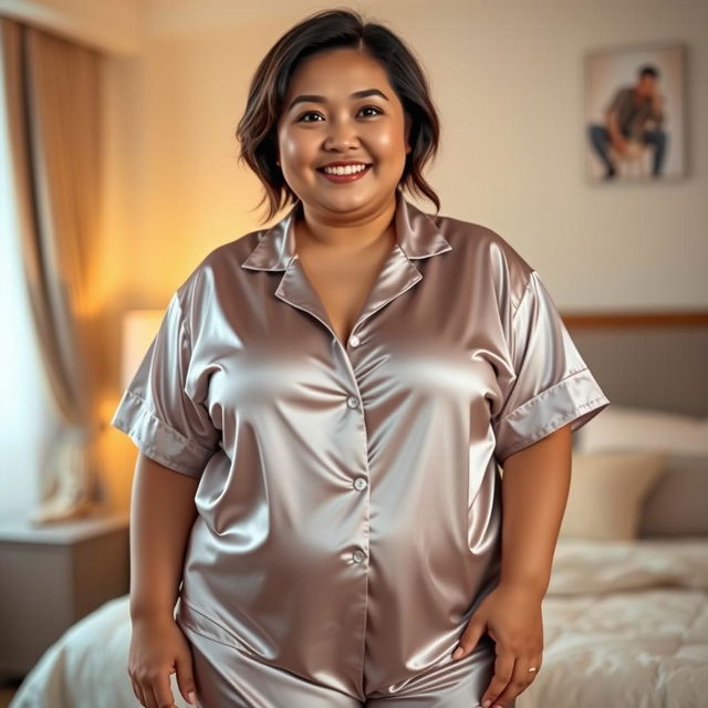 A chubby Asian mom wearing extremely tight, super silky satin pajamas, standing in a cozy bedroom