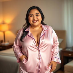 A chubby Asian mom wearing extremely tight, super silky satin pajamas, standing in a cozy bedroom