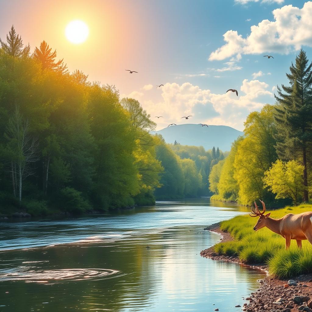 A serene landscape featuring a peaceful river flowing through a lush forest with vibrant green trees