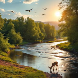 A serene landscape featuring a peaceful river flowing through a lush forest with vibrant green trees