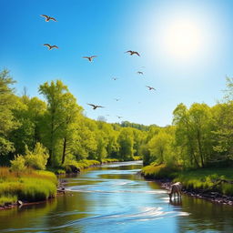 A serene landscape featuring a peaceful river flowing through a lush forest with vibrant green trees