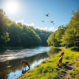 A serene landscape featuring a peaceful river flowing through a lush forest with vibrant green trees