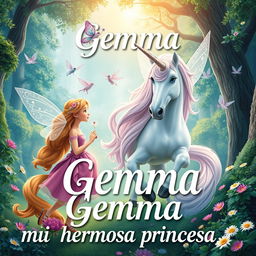 Create a movie poster featuring fairies and unicorns with the text 'Gemma mi hermosa princesa'