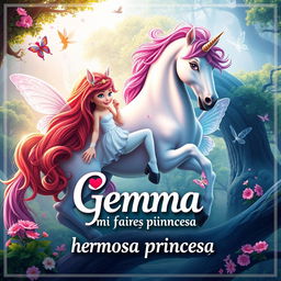 Create a movie poster featuring fairies and unicorns with the text 'Gemma mi hermosa princesa'