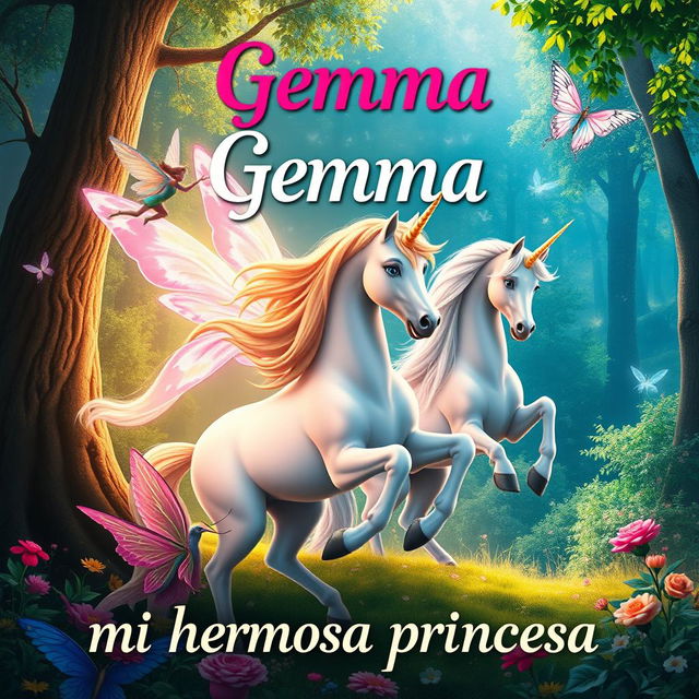 Create a movie poster featuring fairies and unicorns with the text 'Gemma mi hermosa princesa'