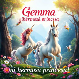 Create a movie poster featuring fairies and unicorns with the text 'Gemma mi hermosa princesa'