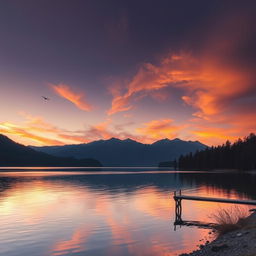 A serene landscape with a beautiful sunset over a calm lake, surrounded by mountains and trees