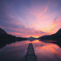 A serene landscape with a beautiful sunset over a calm lake, surrounded by mountains and trees