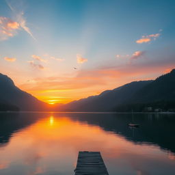 A serene landscape with a beautiful sunset over a calm lake, surrounded by mountains and trees