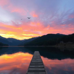 A serene landscape with a beautiful sunset over a calm lake, surrounded by mountains and trees