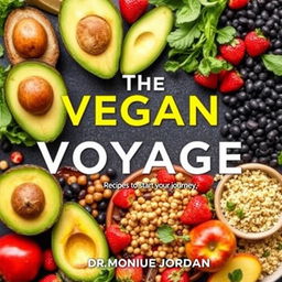 A vibrant and colorful cookbook cover titled 'The Vegan Voyage' by Dr