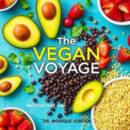 A vibrant and colorful cookbook cover titled 'The Vegan Voyage' by Dr