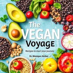 A vibrant and colorful cookbook cover titled 'The Vegan Voyage' by Dr