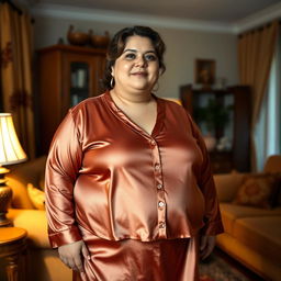 A chubby Arabic mom wearing extremely tight silky satin pajamas with a tight silk skirt over them, standing in a cozy living room