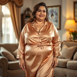 A chubby Arabic mom wearing extremely tight silky satin pajamas with a tight silk skirt over them, standing in a cozy living room